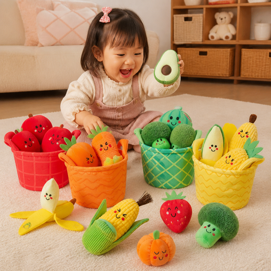 赤ちゃん向けやわらかフルーツ＆野菜知育おもちゃ – ガラガラ音＆カシャカシャ音付き4色仕分けセット