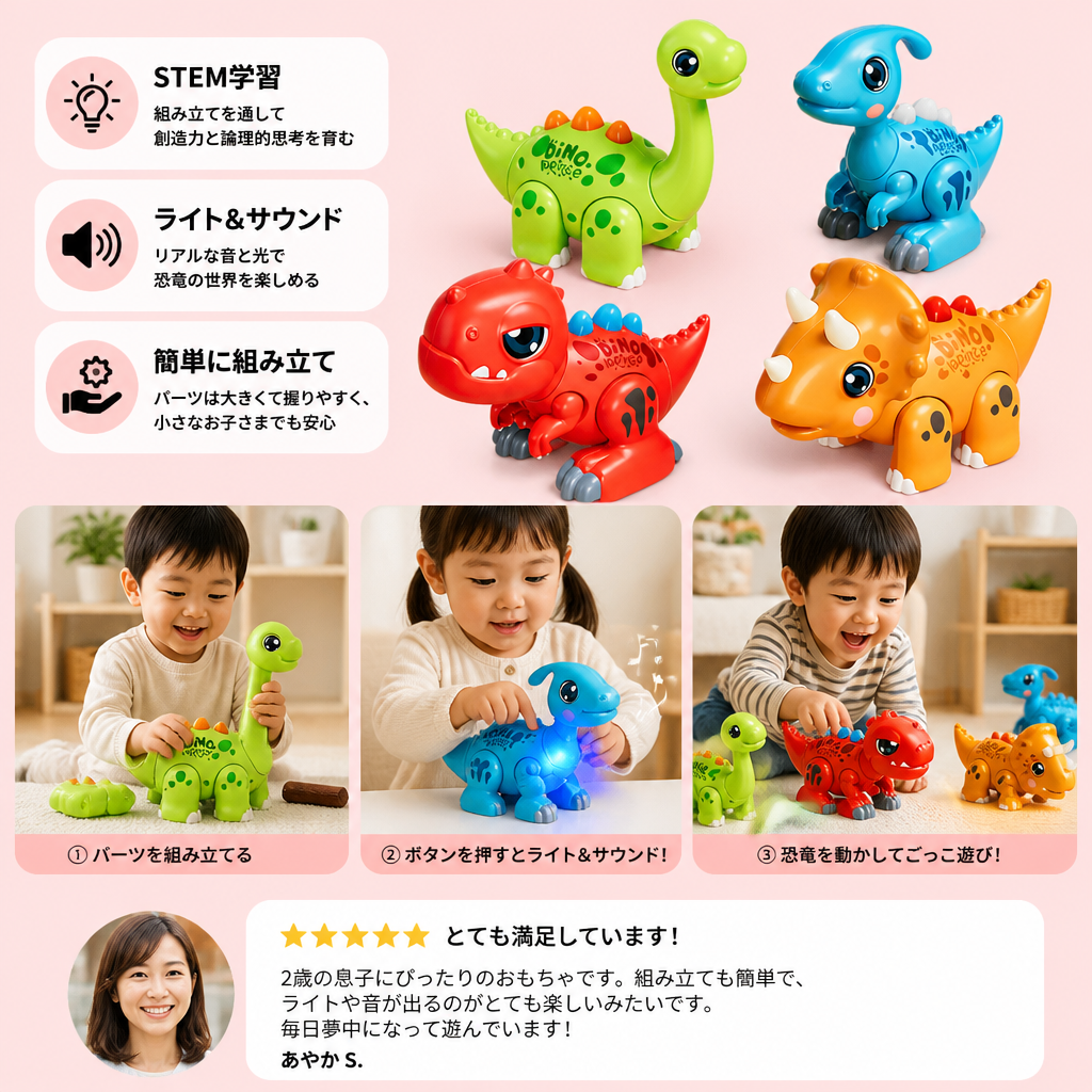 簡単に組み立てられるSTEM学習恐竜おもちゃ ライト＆サウンド付き