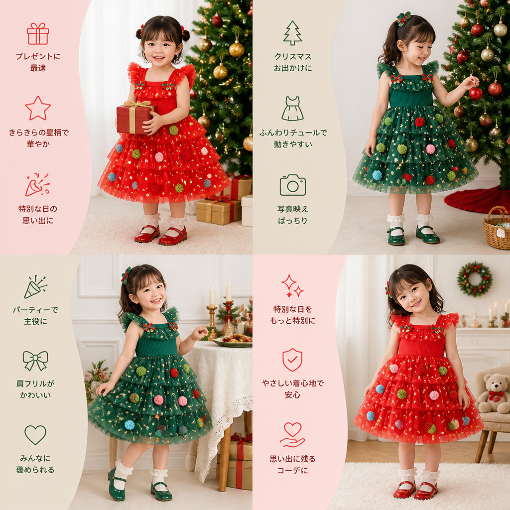 ポンポン・スパンコールの星・フリル袖付き 女の子用クリスマスチュチュドレス