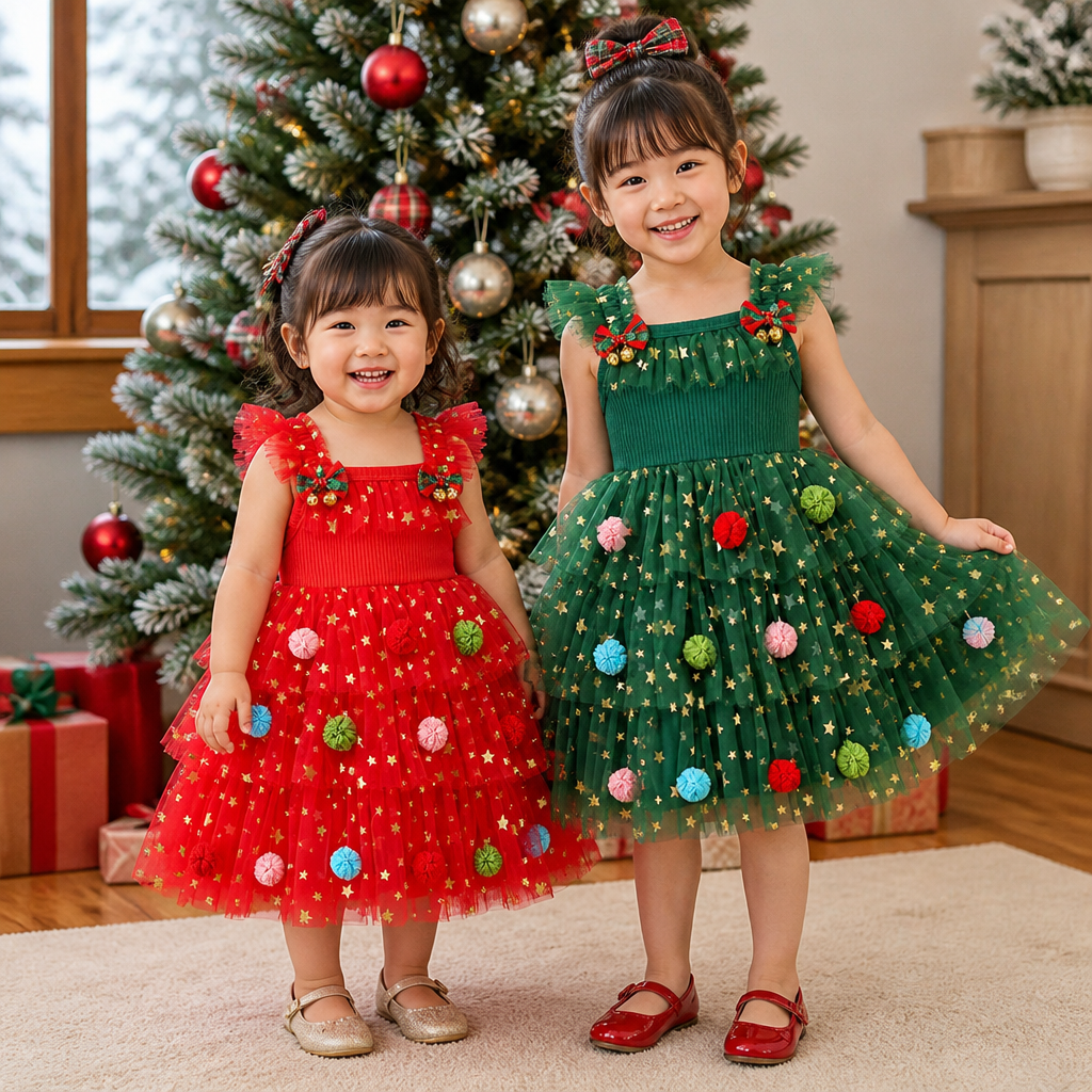 ポンポン・スパンコールの星・フリル袖付き 女の子用クリスマスチュチュドレス
