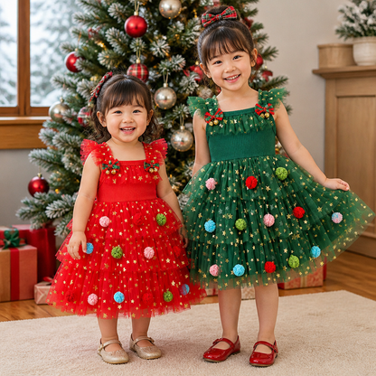 ポンポン・スパンコールの星・フリル袖付き 女の子用クリスマスチュチュドレス