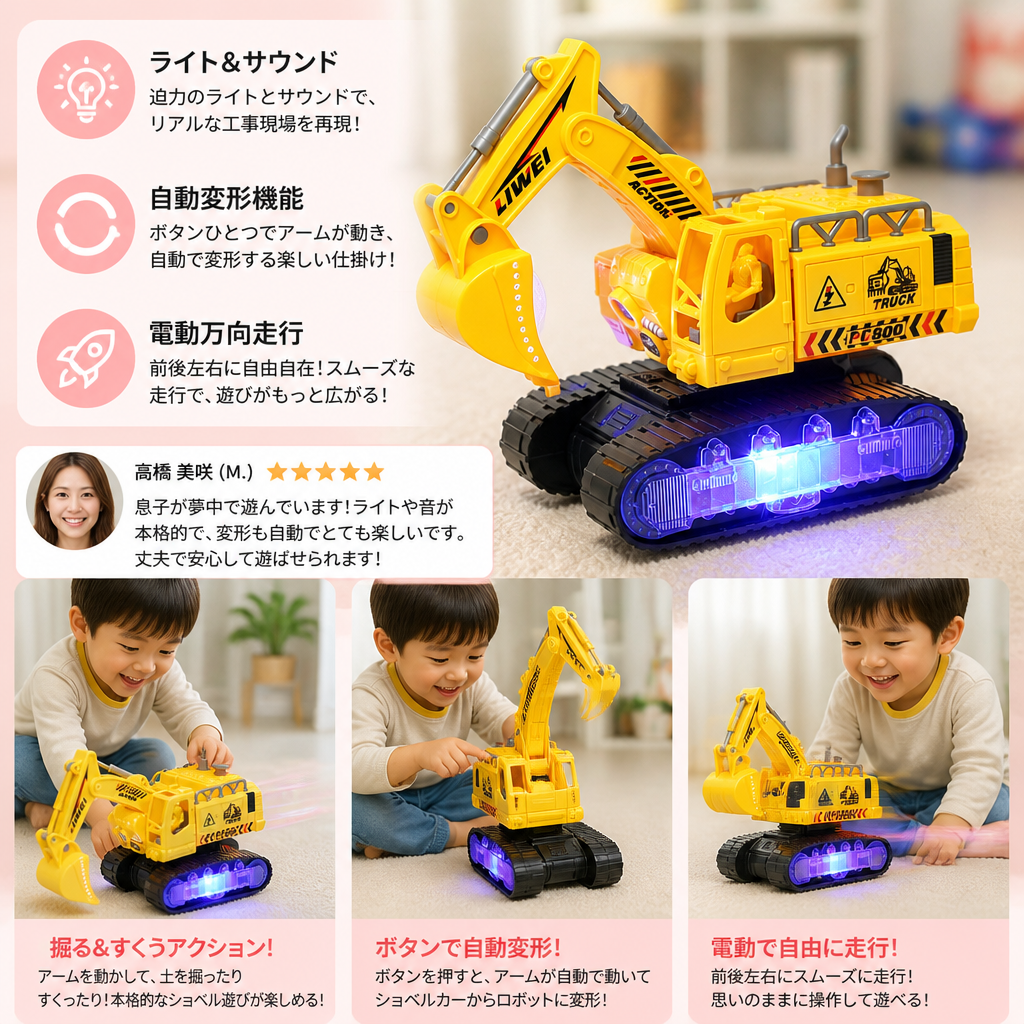 ライト＆サウンド付き変形ロボットショベルカーのおもちゃ