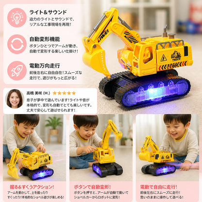 ライト＆サウンド付き変形ロボットショベルカーのおもちゃ