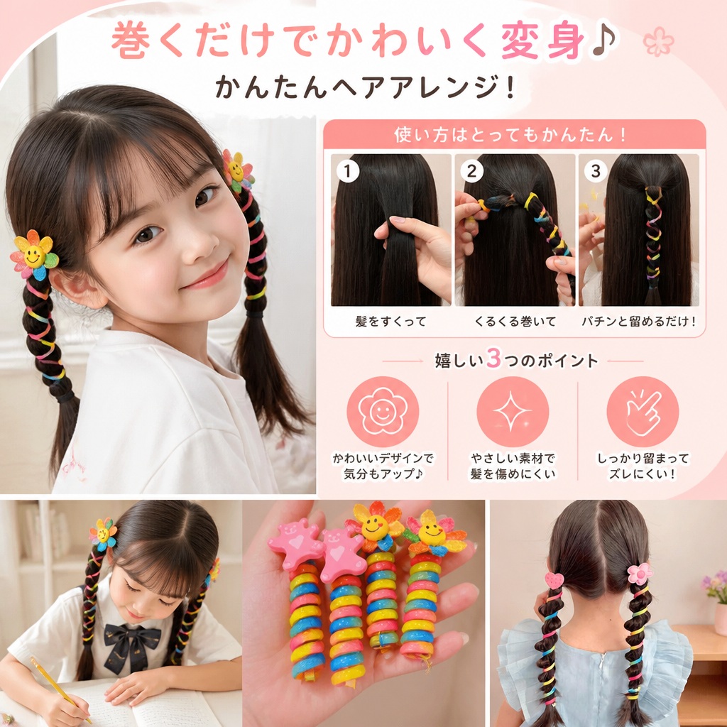 子供用かわいいスパイラルヘアゴムセット