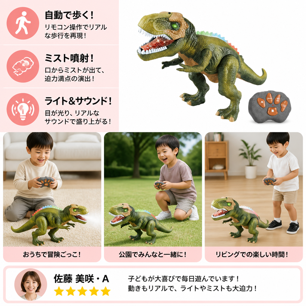 リモコン式歩行Tレックス – ミスト噴射・ライト・サウンド付きRC恐竜