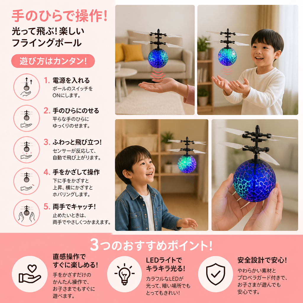 ハンドコントロール式 LED フライングボール ドローン（子ども用）