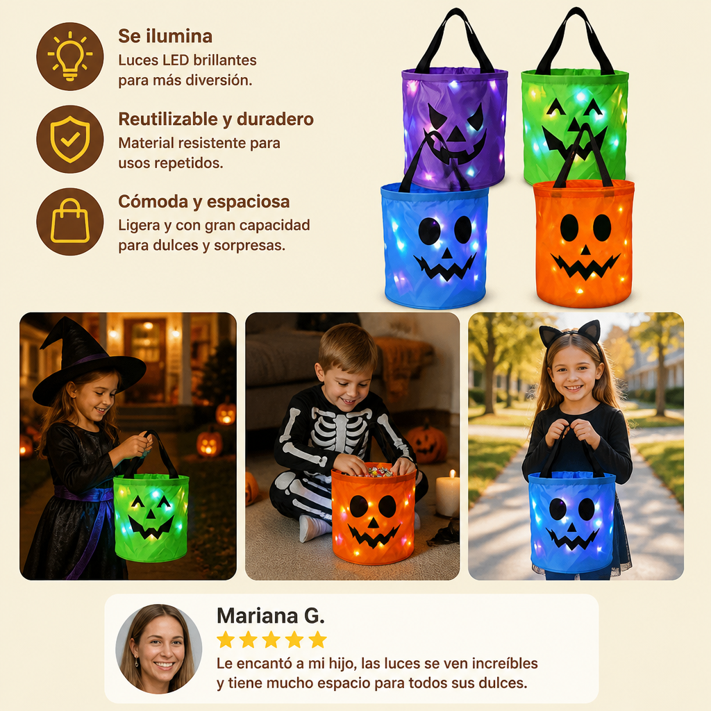 LEDハロウィン・トリック・オア・トリート用キャンディバケツ – 再利用可能な光るトートバッグ