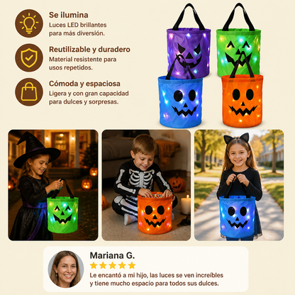 LEDハロウィン・トリック・オア・トリート用キャンディバケツ – 再利用可能な光るトートバッグ