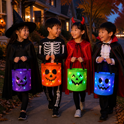 LEDハロウィン・トリック・オア・トリート用キャンディバケツ – 再利用可能な光るトートバッグ