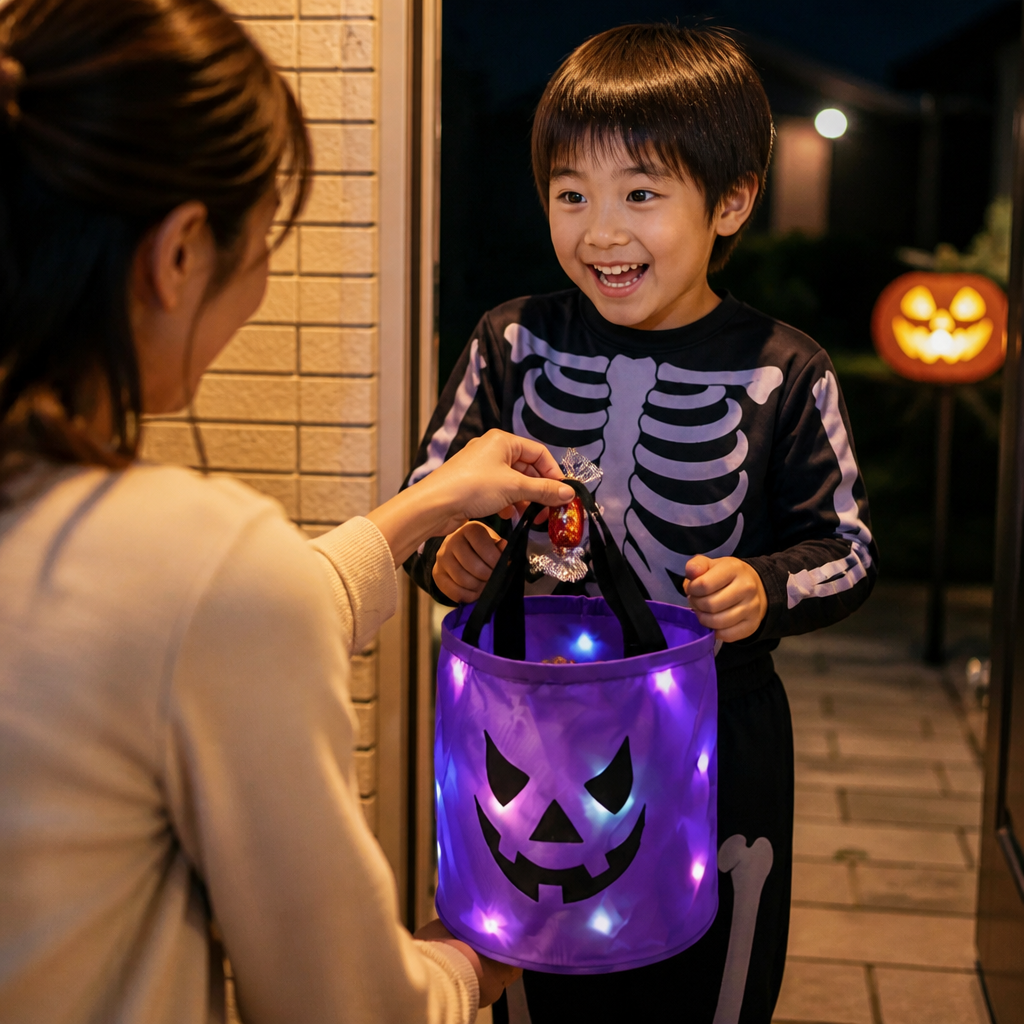 LEDハロウィン・トリック・オア・トリート用キャンディバケツ – 再利用可能な光るトートバッグ