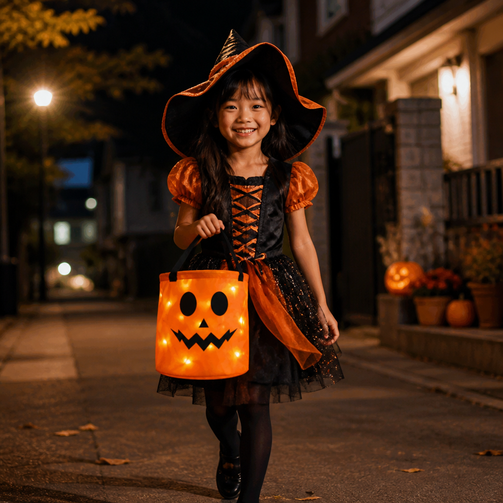 LEDハロウィン・トリック・オア・トリート用キャンディバケツ – 再利用可能な光るトートバッグ