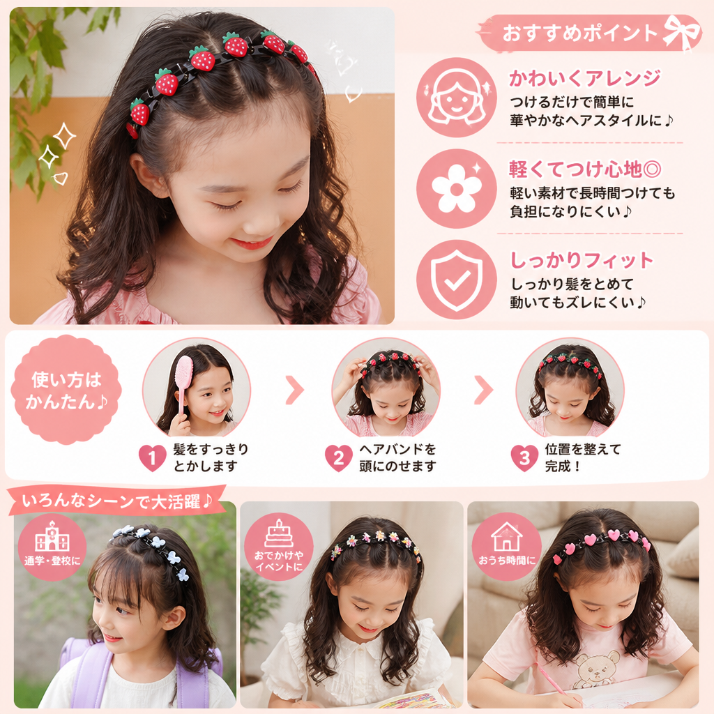 花・いちご・虹のチャーム付き キュートな女の子用ヘアクリップ＆ヘアバンド