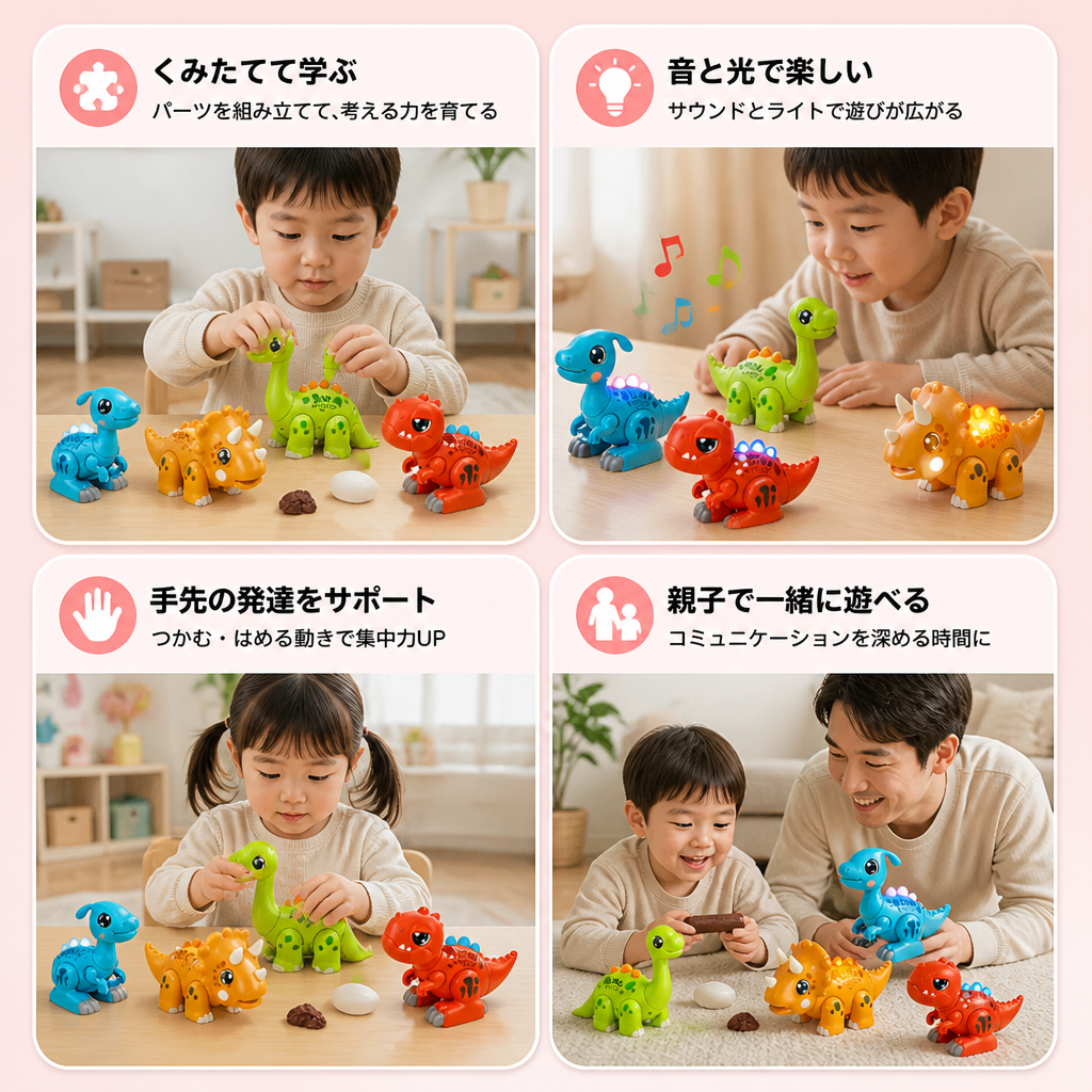 簡単に組み立てられるSTEM学習恐竜おもちゃ ライト＆サウンド付き