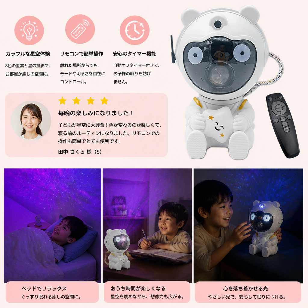 宇宙飛行士型ギャラクシー＆スター プロジェクター 8色ネビュラ＆リモコン付き