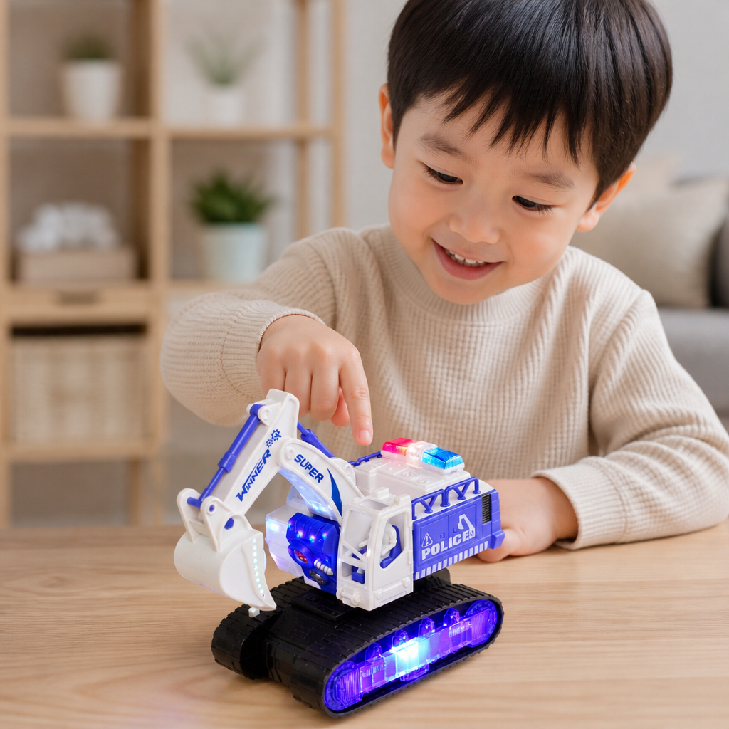 ライト＆サウンド付き変形警察ロボットショベルカー玩具