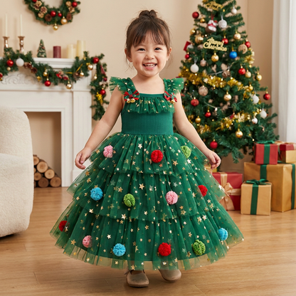 ポンポン・スパンコールの星・フリル袖付き 女の子用クリスマスチュチュドレス