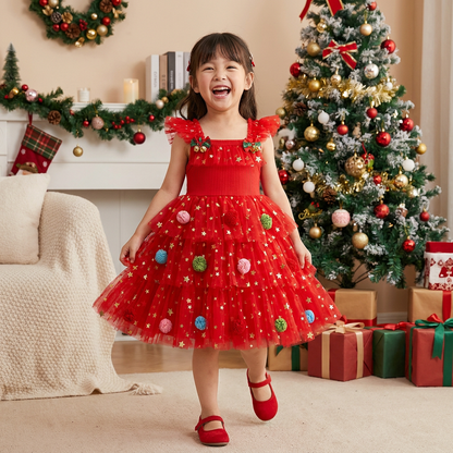 ポンポン・スパンコールの星・フリル袖付き 女の子用クリスマスチュチュドレス