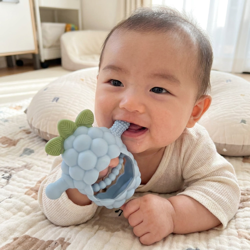 握りやすく多彩な凹凸のあるシリコン製ベビー歯固め（生後3か月以上）