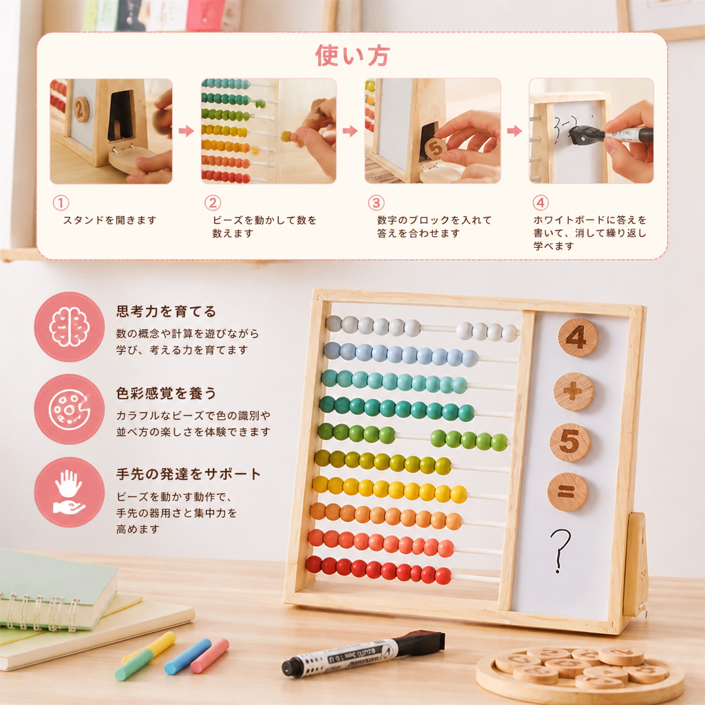 子ども向け磁気式木製そろばん – 数字と色で学べる知育玩具