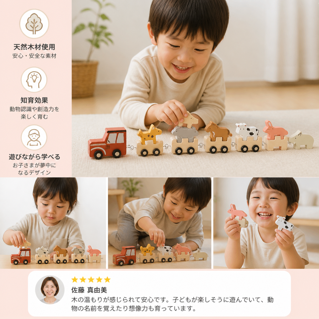 木製ファームアニマルトレイン – 柔軟な車輪付き子ども向けおもちゃ