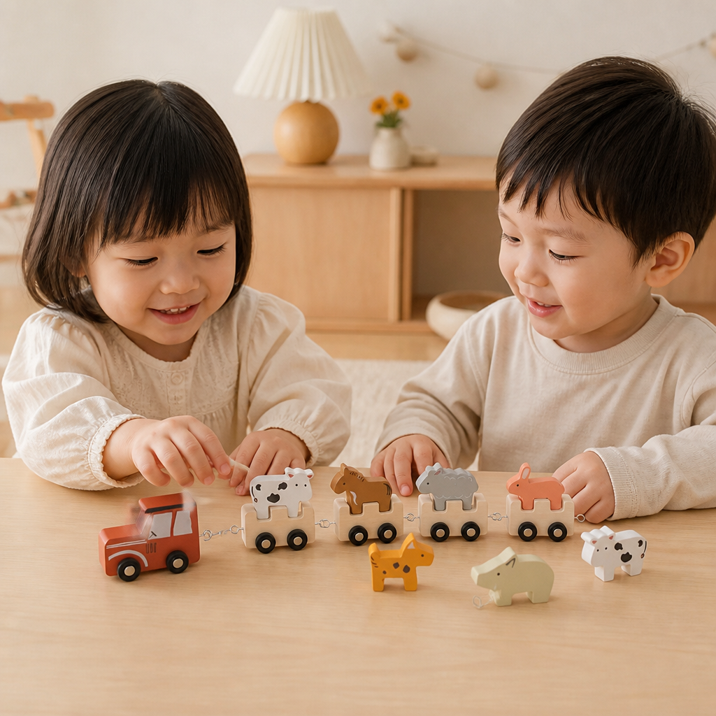 木製ファームアニマルトレイン – 柔軟な車輪付き子ども向けおもちゃ