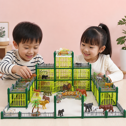動物フィギュア＆インタラクティブなケージ付き モジュール式・自分で作れる動物園プレイセット