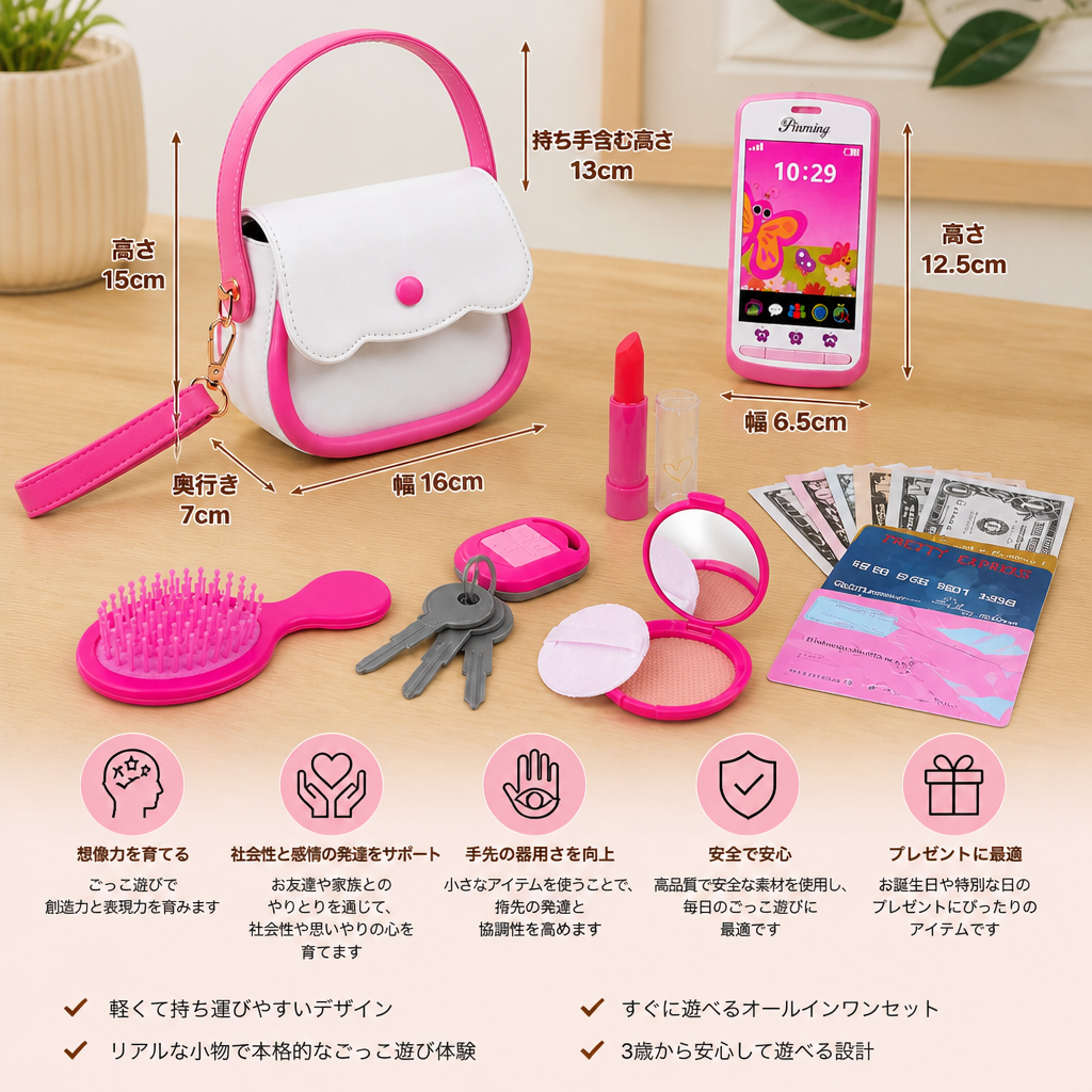 子供用ごっこ遊びハンドバッグセット（おもちゃの電話・メイクアップ・アクセサリー付き）