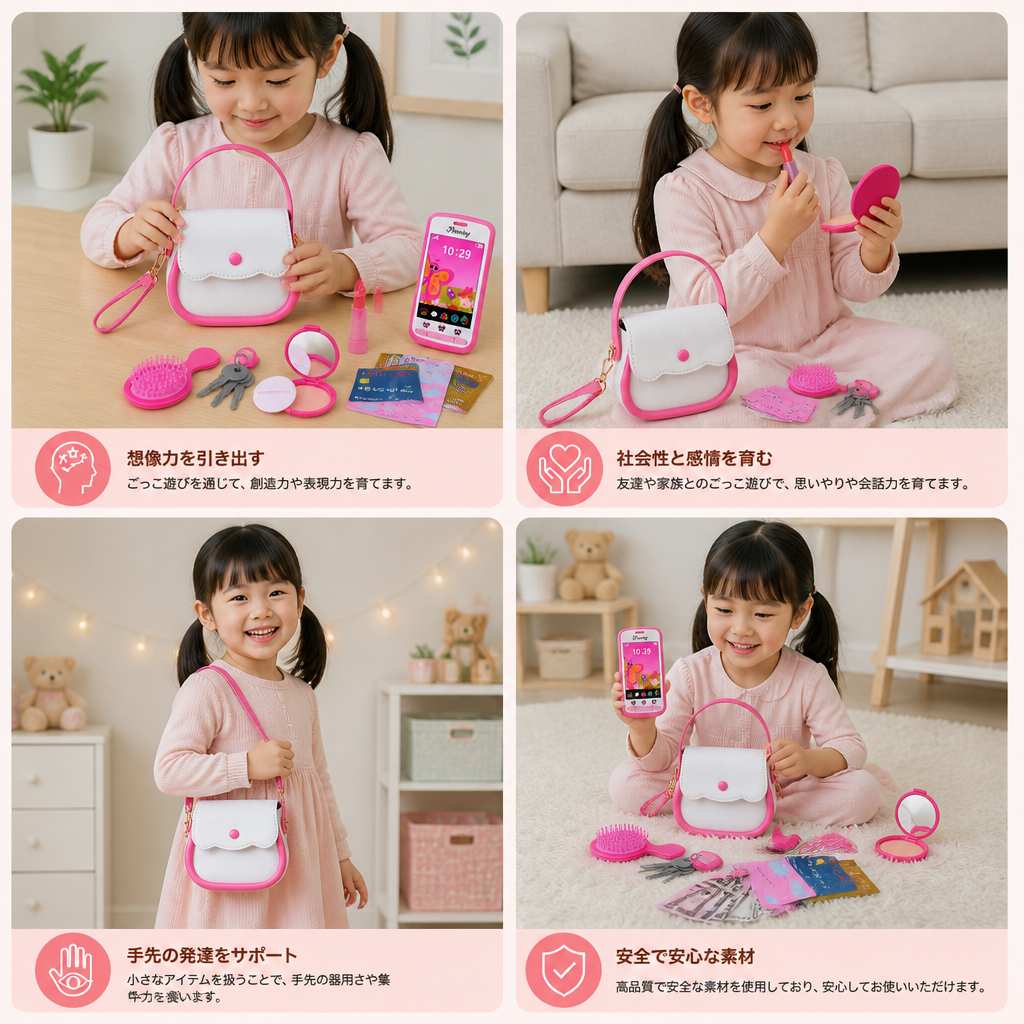 子供用ごっこ遊びハンドバッグセット（おもちゃの電話・メイクアップ・アクセサリー付き）