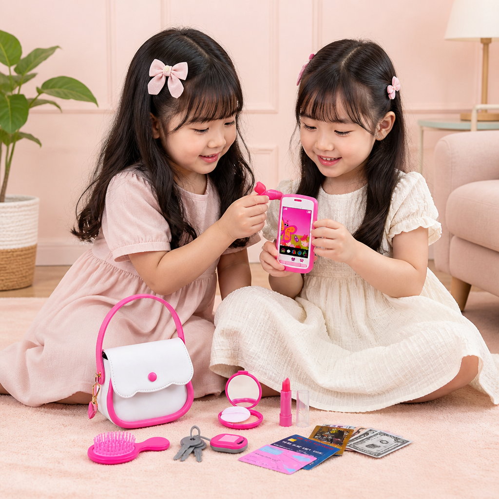 子供用ごっこ遊びハンドバッグセット（おもちゃの電話・メイクアップ・アクセサリー付き）