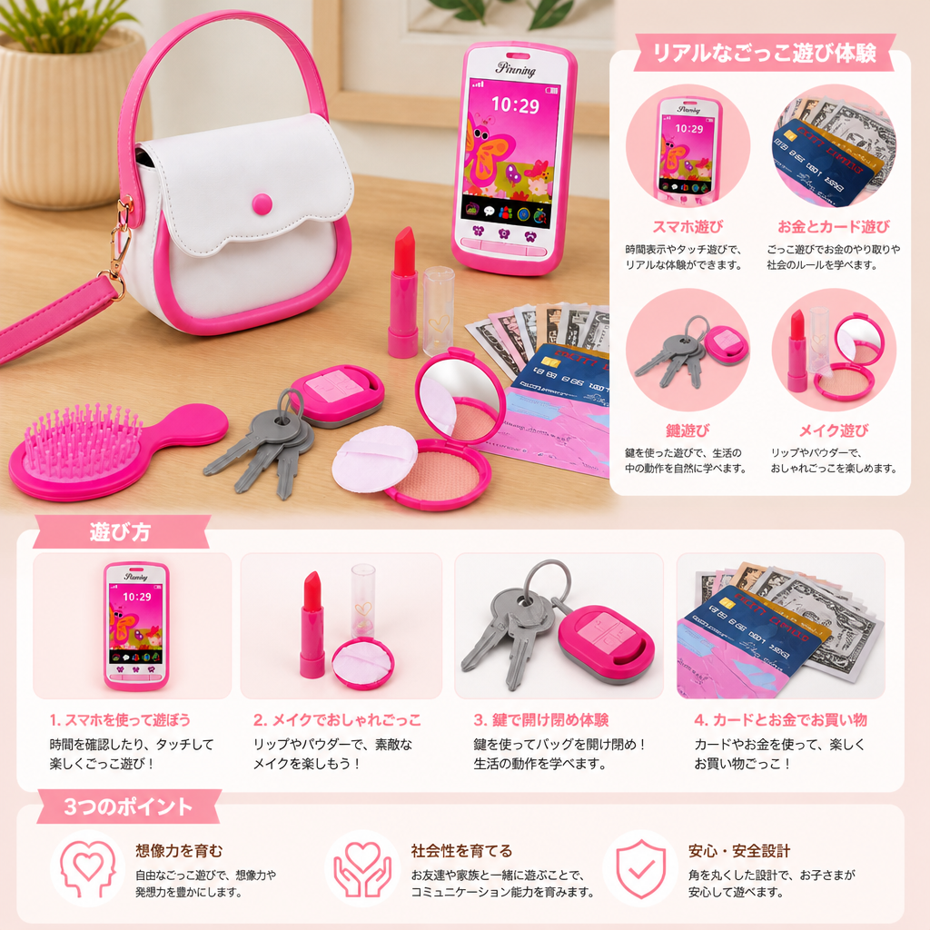 子供用ごっこ遊びハンドバッグセット（おもちゃの電話・メイクアップ・アクセサリー付き）