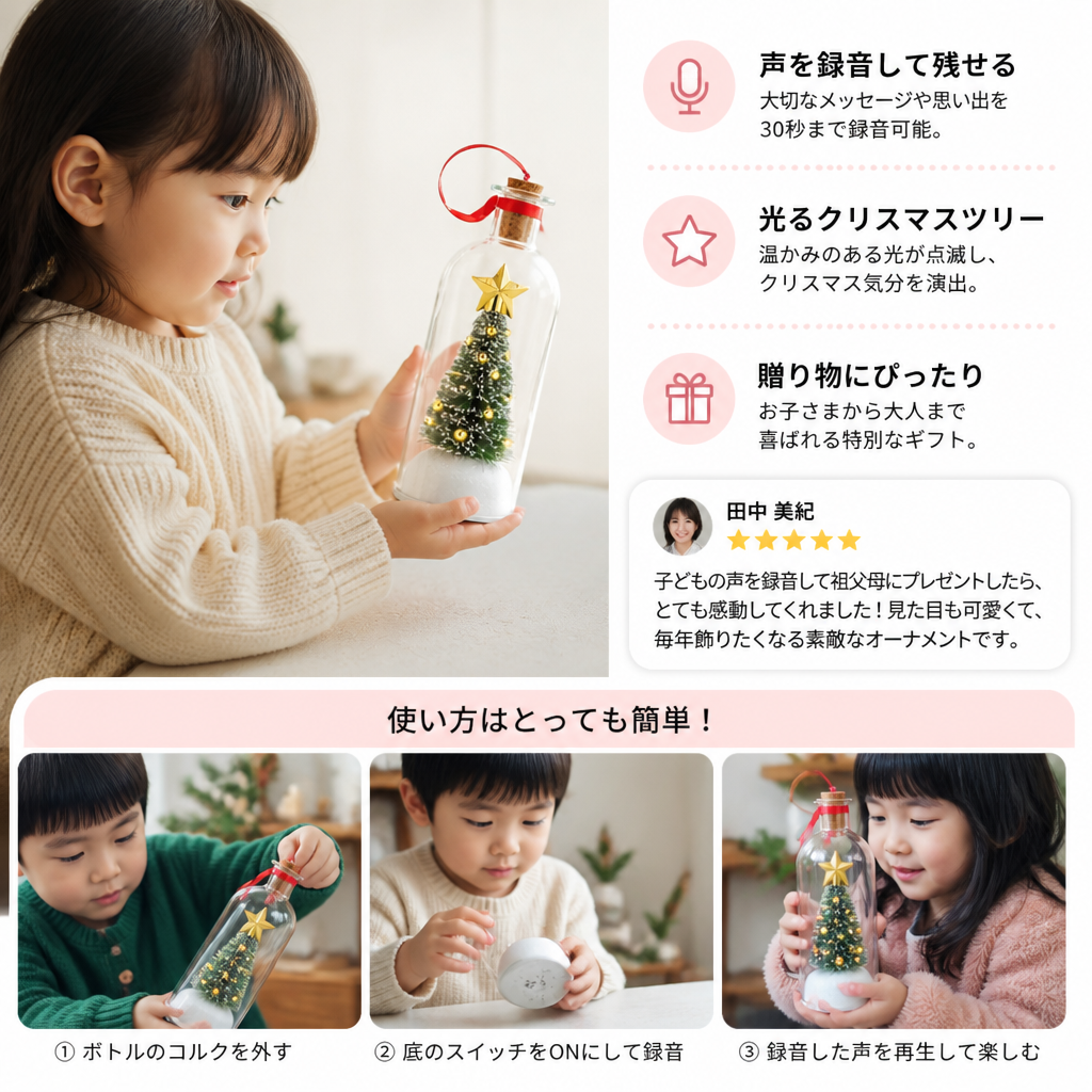 音声メッセージを録音・再生できるクリスマスボトルオーナメント