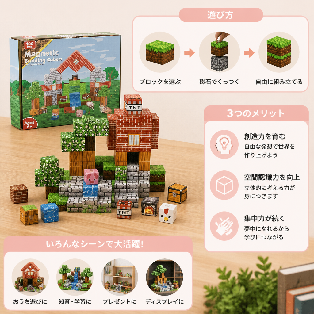 100ピース マグネット式ブロックセット – 子ども向けモンテッソーリSTEM知育組み立ておもちゃ