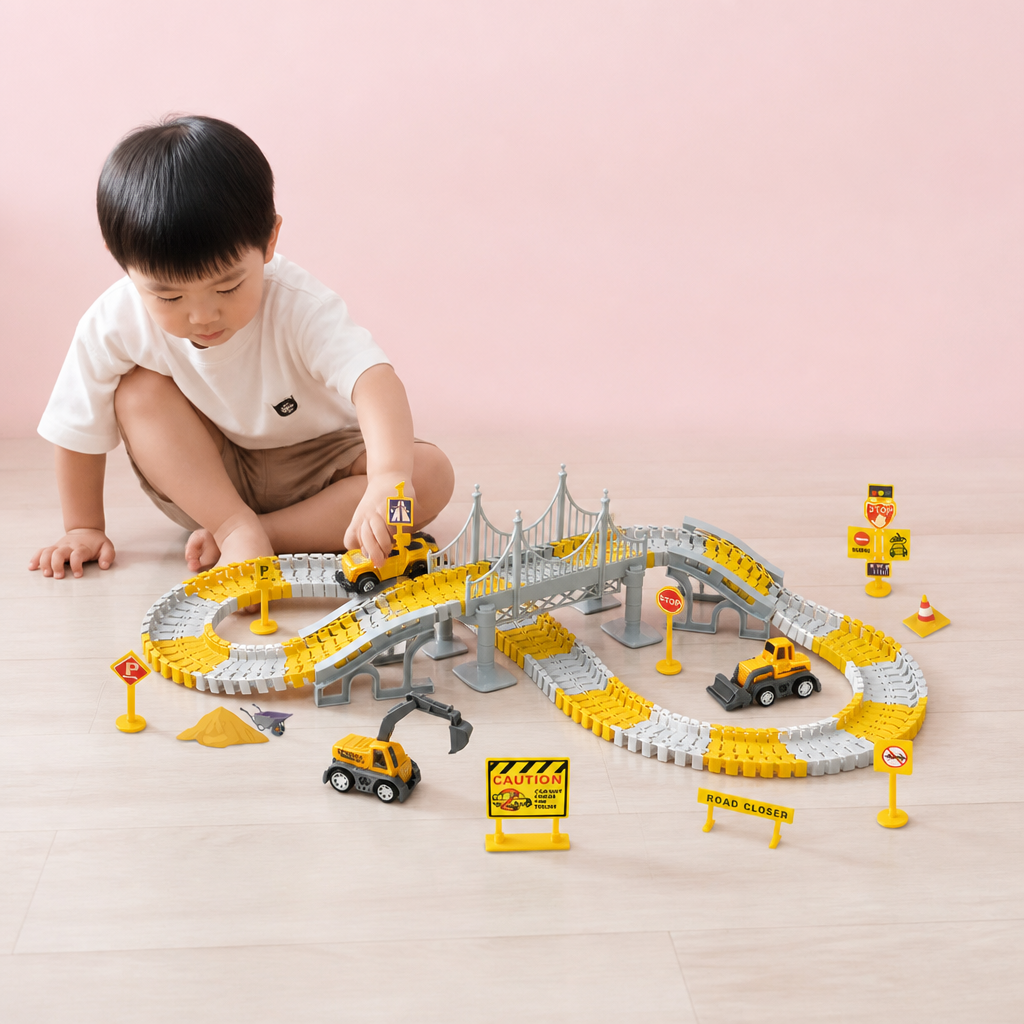 橋付き建設トラックレーストラックセット – 車両＆道路標識付き