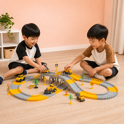 橋付き建設トラックレーストラックセット – 車両＆道路標識付き