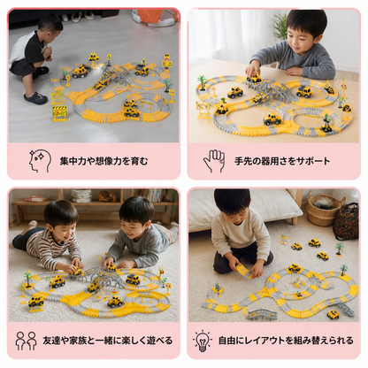 橋付き建設トラックレーストラックセット – 車両＆道路標識付き