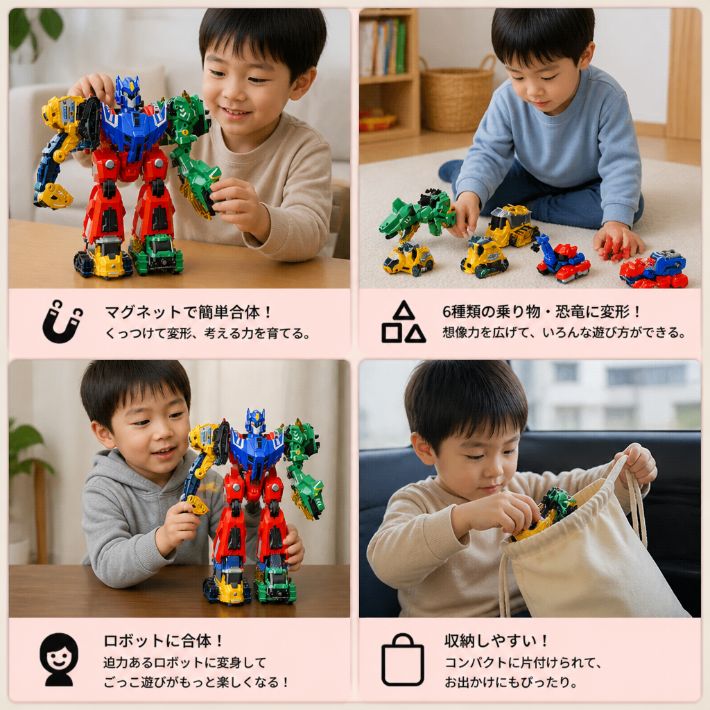 6-in-1 マグネット変形おもちゃ – 6台の乗り物、3体の恐竜、1体のロボットを作ろう