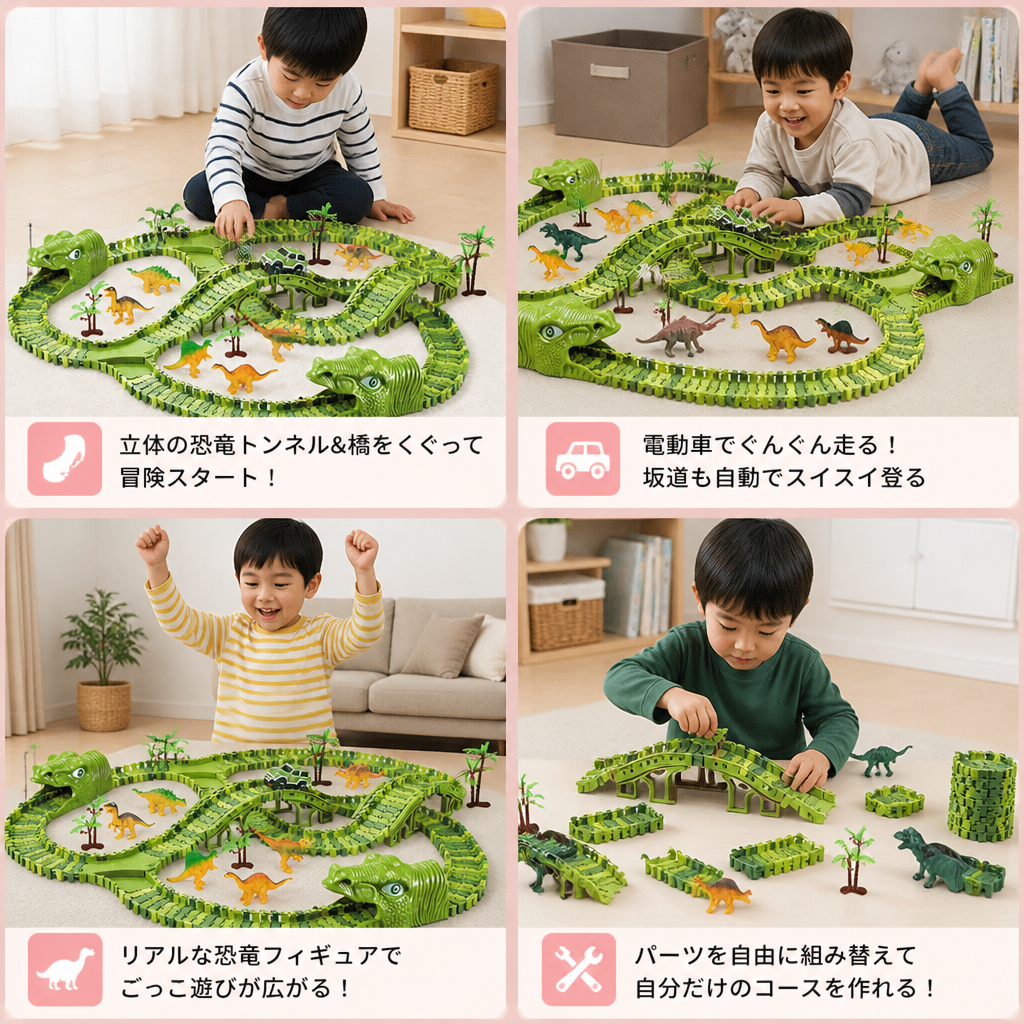 215ピース 恐竜レーシングトラックセット（モーターカー、橋、恐竜フィギュア付き）