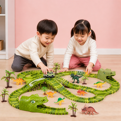 215ピース 恐竜レーシングトラックセット（モーターカー、橋、恐竜フィギュア付き）