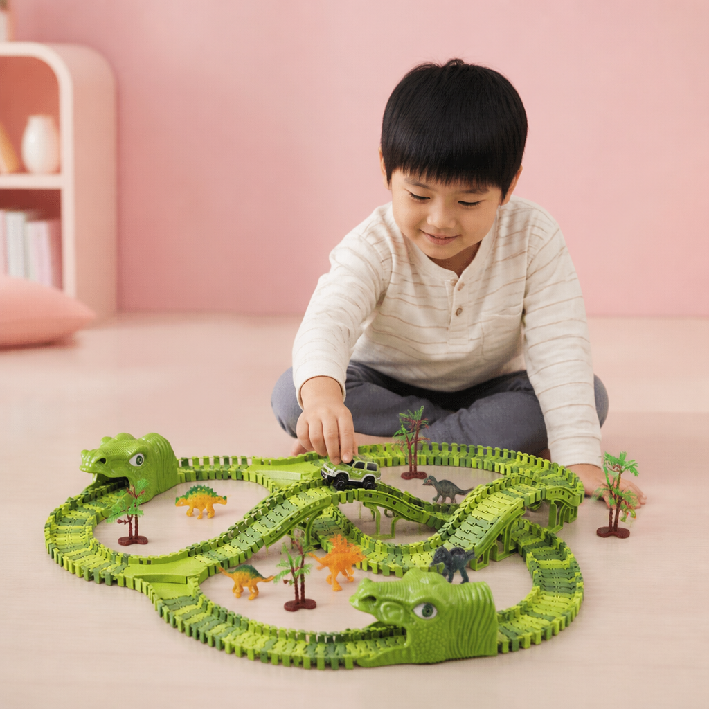 215ピース 恐竜レーシングトラックセット（モーターカー、橋、恐竜フィギュア付き）