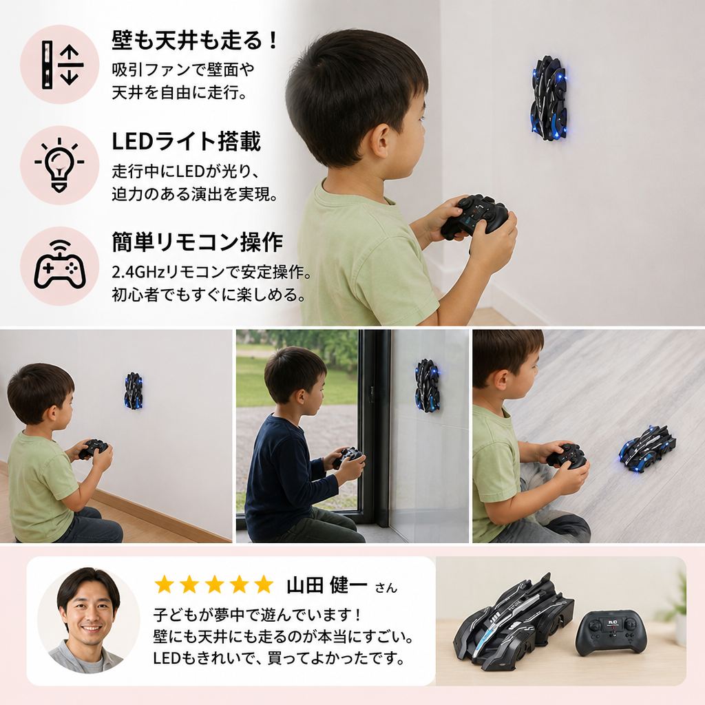 LEDライト付き 壁登りラジコンカー