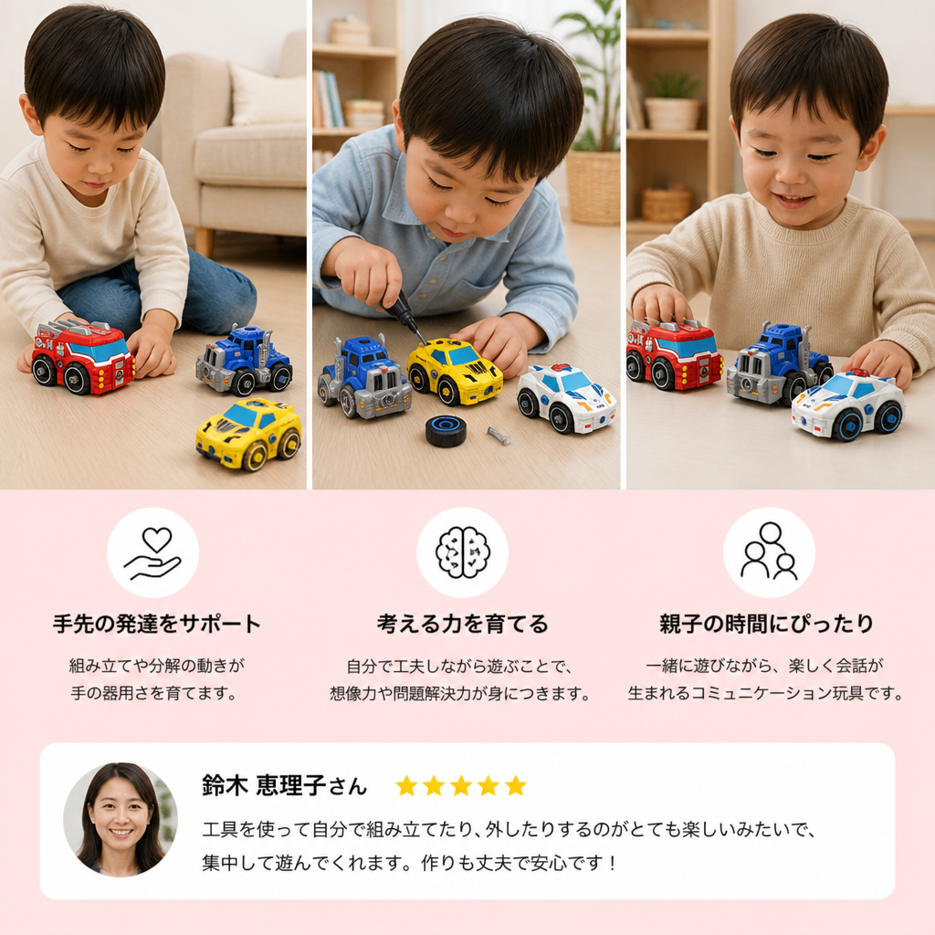おもちゃのドリル付き 分解できる街の乗り物4台セット