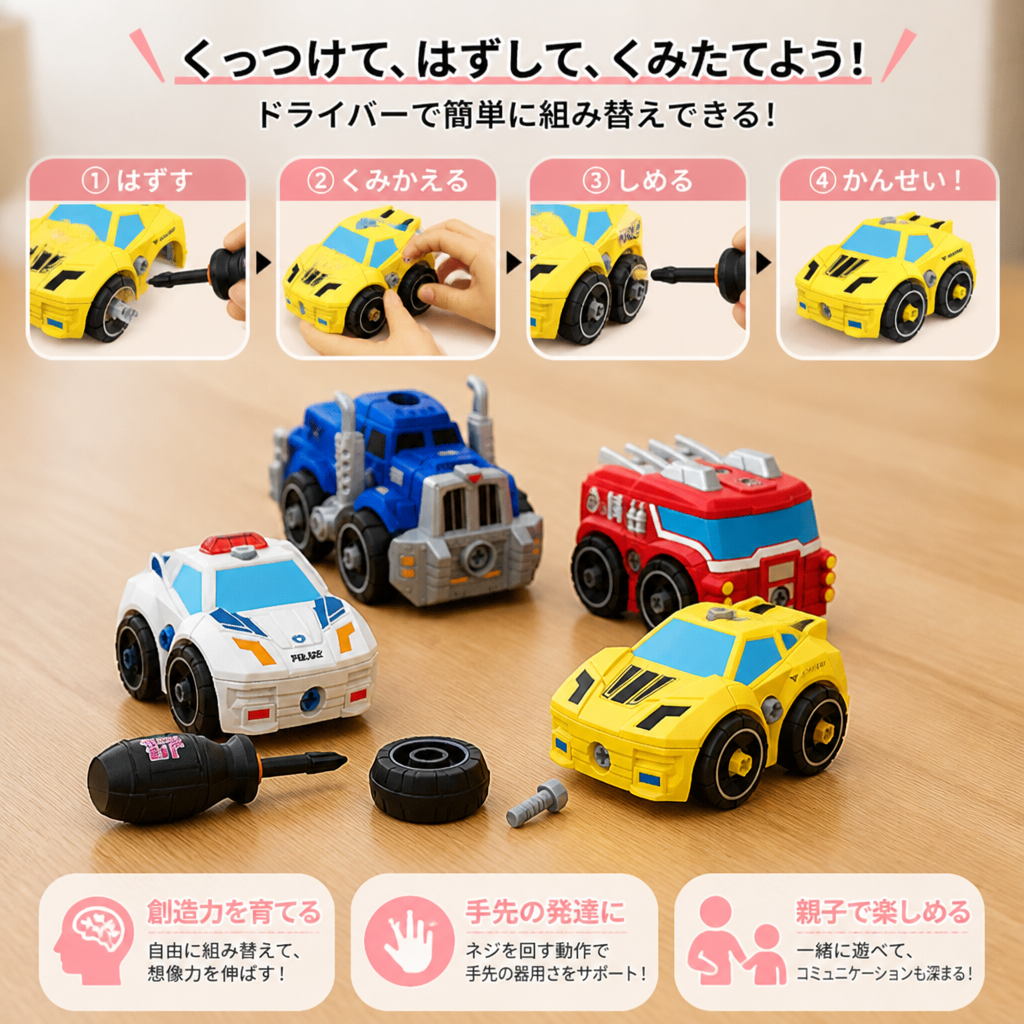 おもちゃのドリル付き 分解できる街の乗り物4台セット
