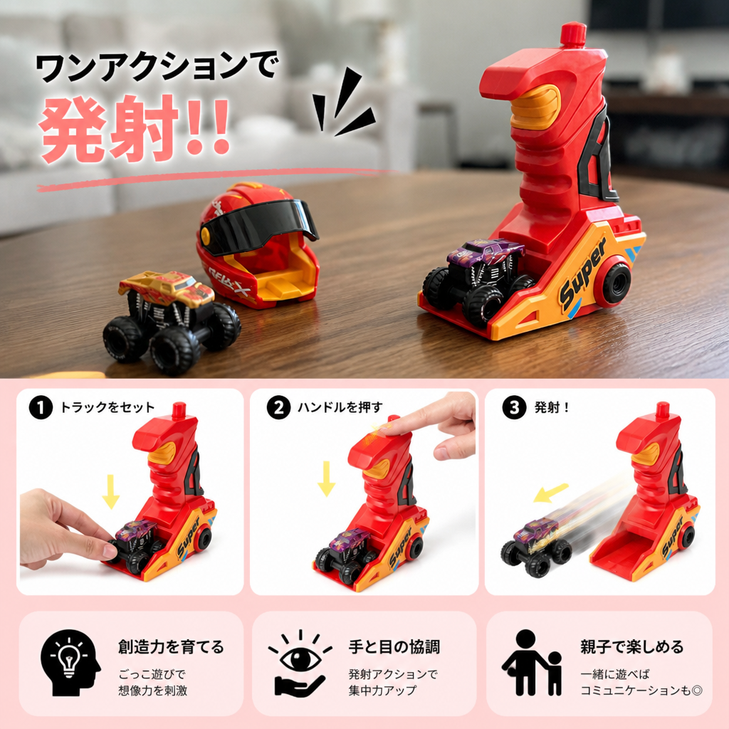 ワンクリック式モンスタートラックランチャー ヘルメットデザイン・持ち手付き