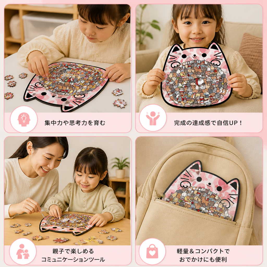 猫の形をしたピースの木製ジグソーパズル 135ピース