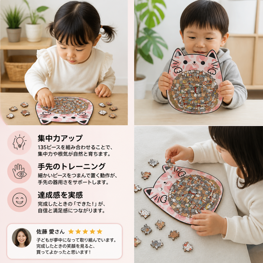 猫の形をしたピースの木製ジグソーパズル 135ピース
