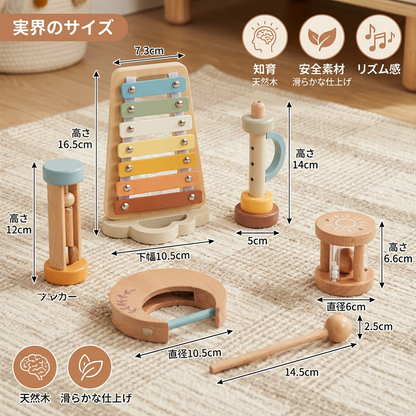 ベビー木製サウンドプレイセット – 6点セットの感覚的ミュージック＆サウンドおもちゃ