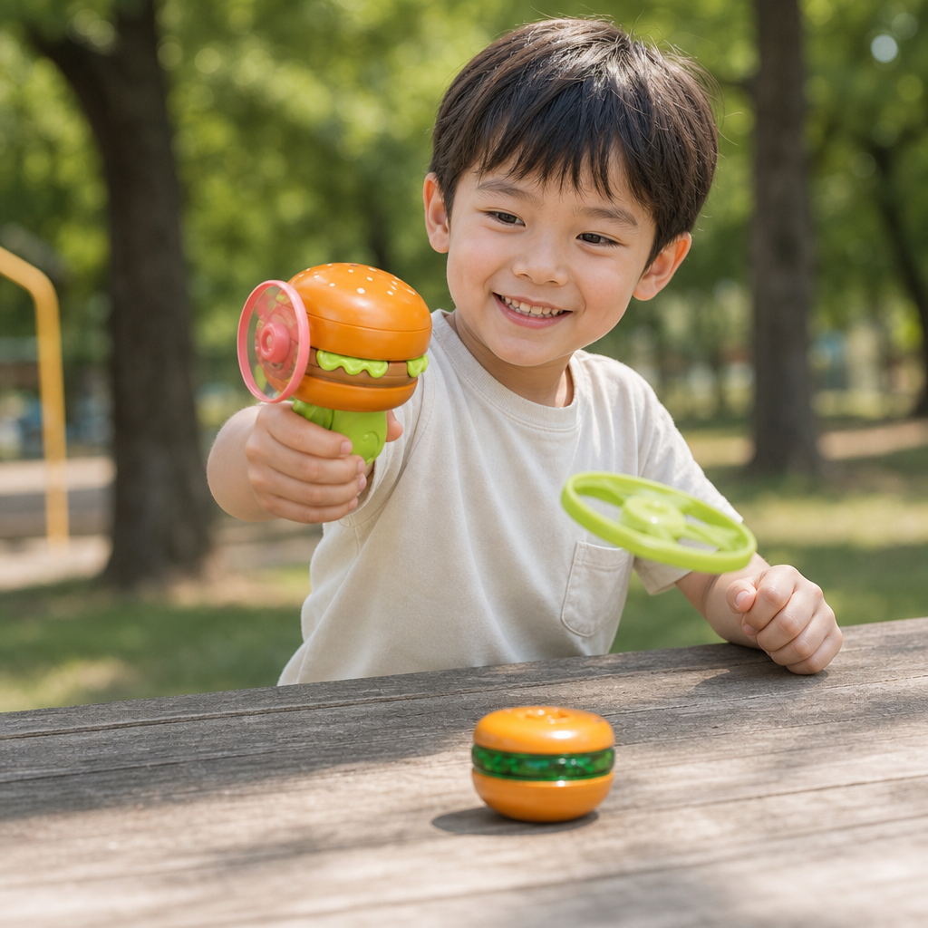 子ども向け2-in-1おもちゃ：コマ＆フライングスピナー・ランチャー