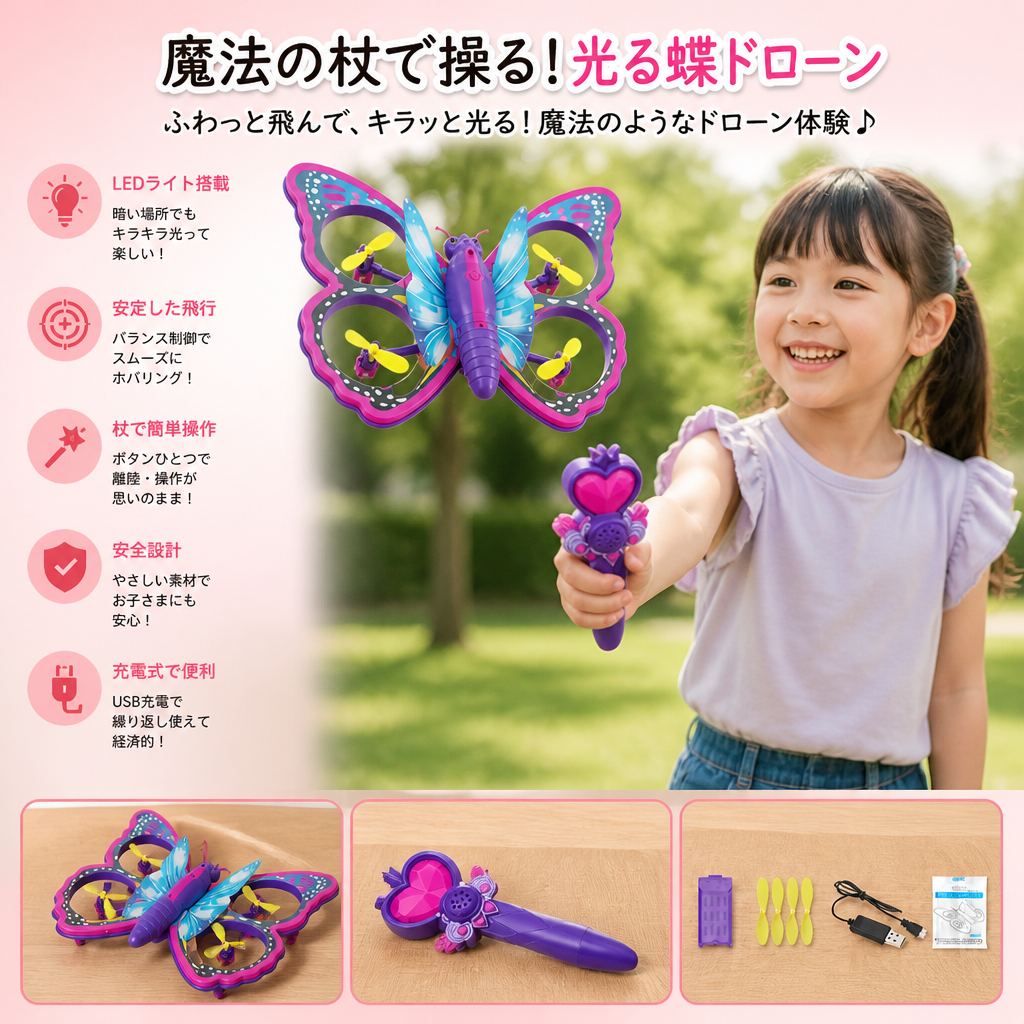 魔法の杖で操る 光る蝶型クアッドコプターおもちゃ