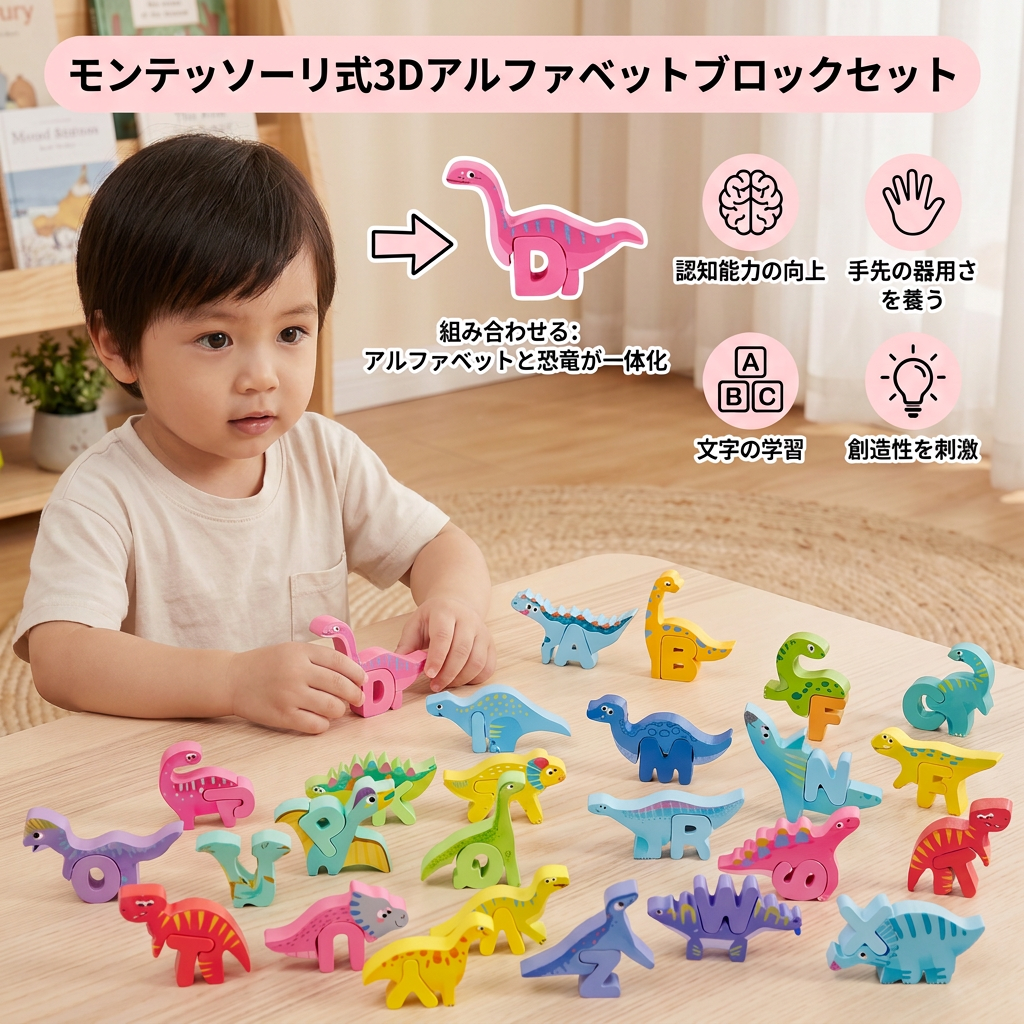 モンテッソーリ式3Dアルファベットブロックセット（52ピース）