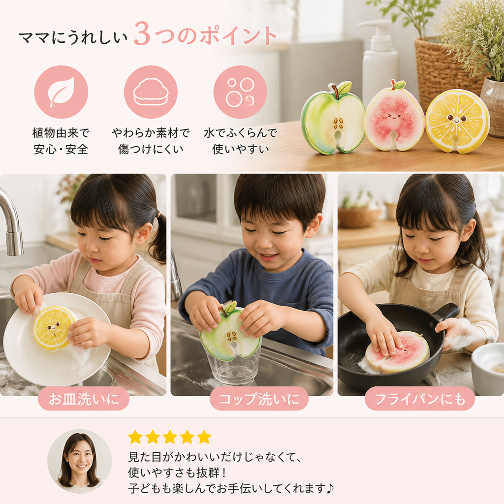 フルーツ型の膨らむセルローススポンジ – 植物由来・傷つけにくいキッチンスポンジ 3個セット
